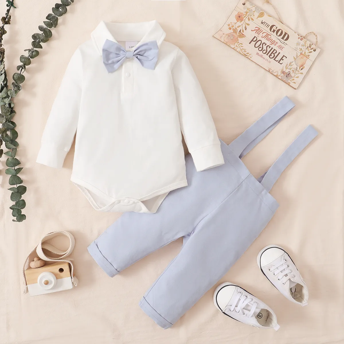 2pcs Baby Boy 95% Cotton Long-sleeve Gentleman Bow Tie Romper and Overalls Set Light Blue big image 1