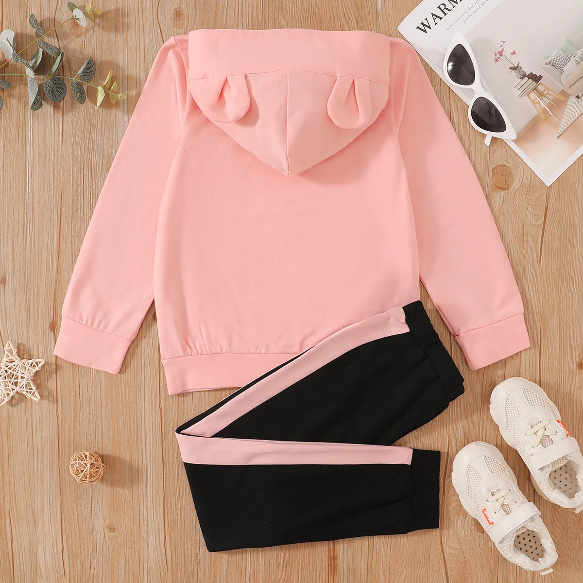 2-piece Kid Girl Animal Cat Print Hoodie Sweatshirt and Colorblock Pants Set Pink big image 1