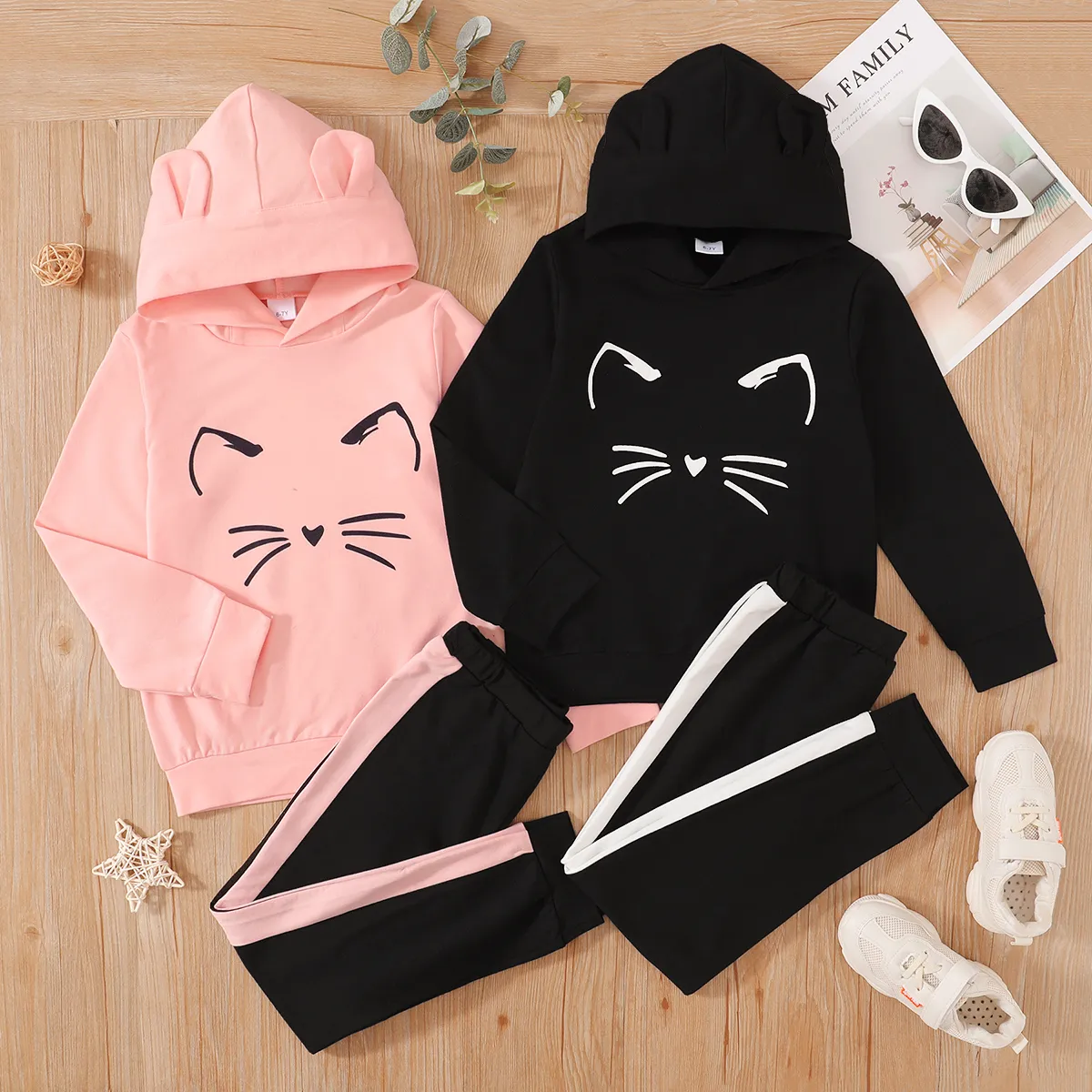 2-piece Kid Girl Animal Cat Print Hoodie Sweatshirt and Colorblock Pants Set Pink big image 1