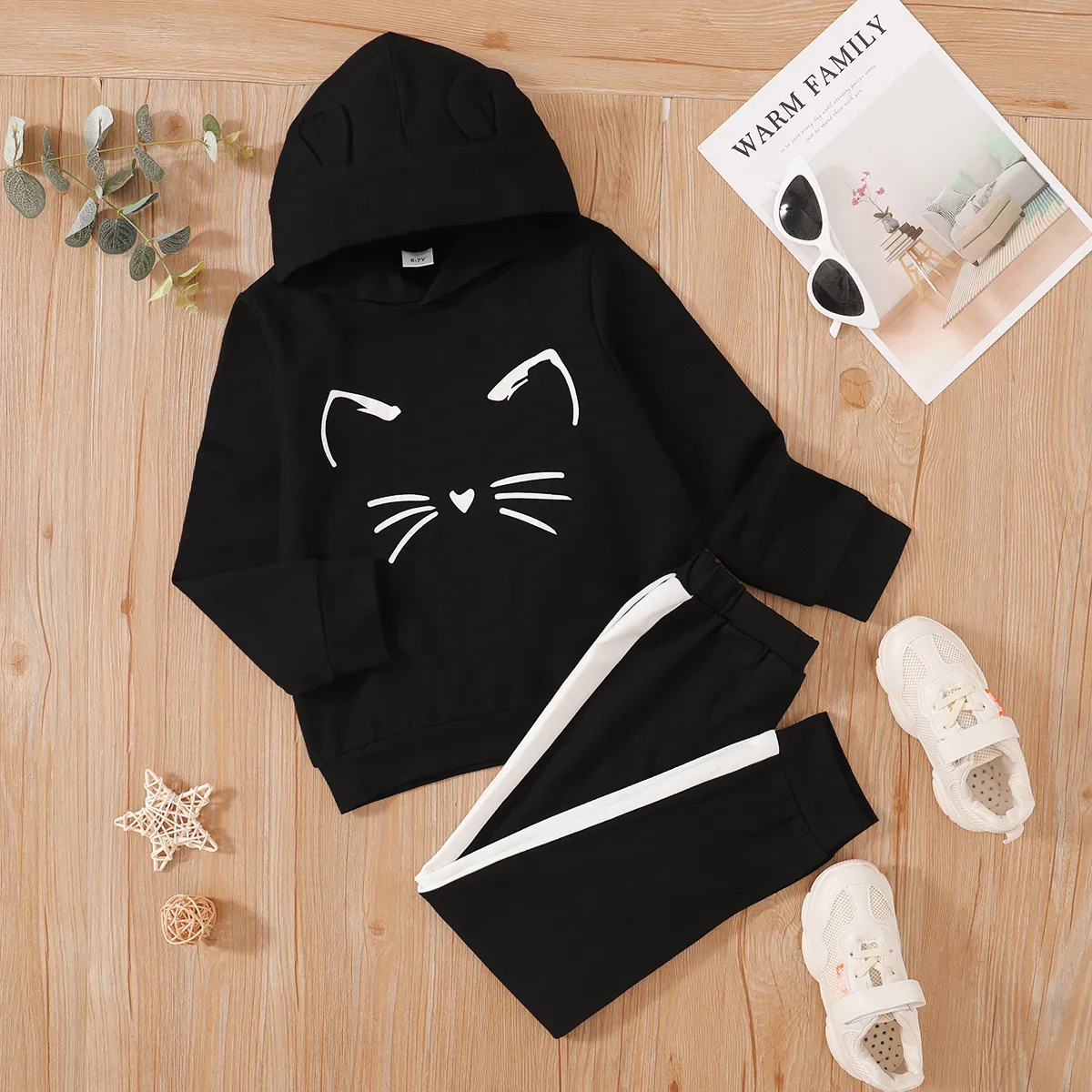2-piece Kid Girl Animal Cat Print Hoodie Sweatshirt and Colorblock Pants Set Black big image 1