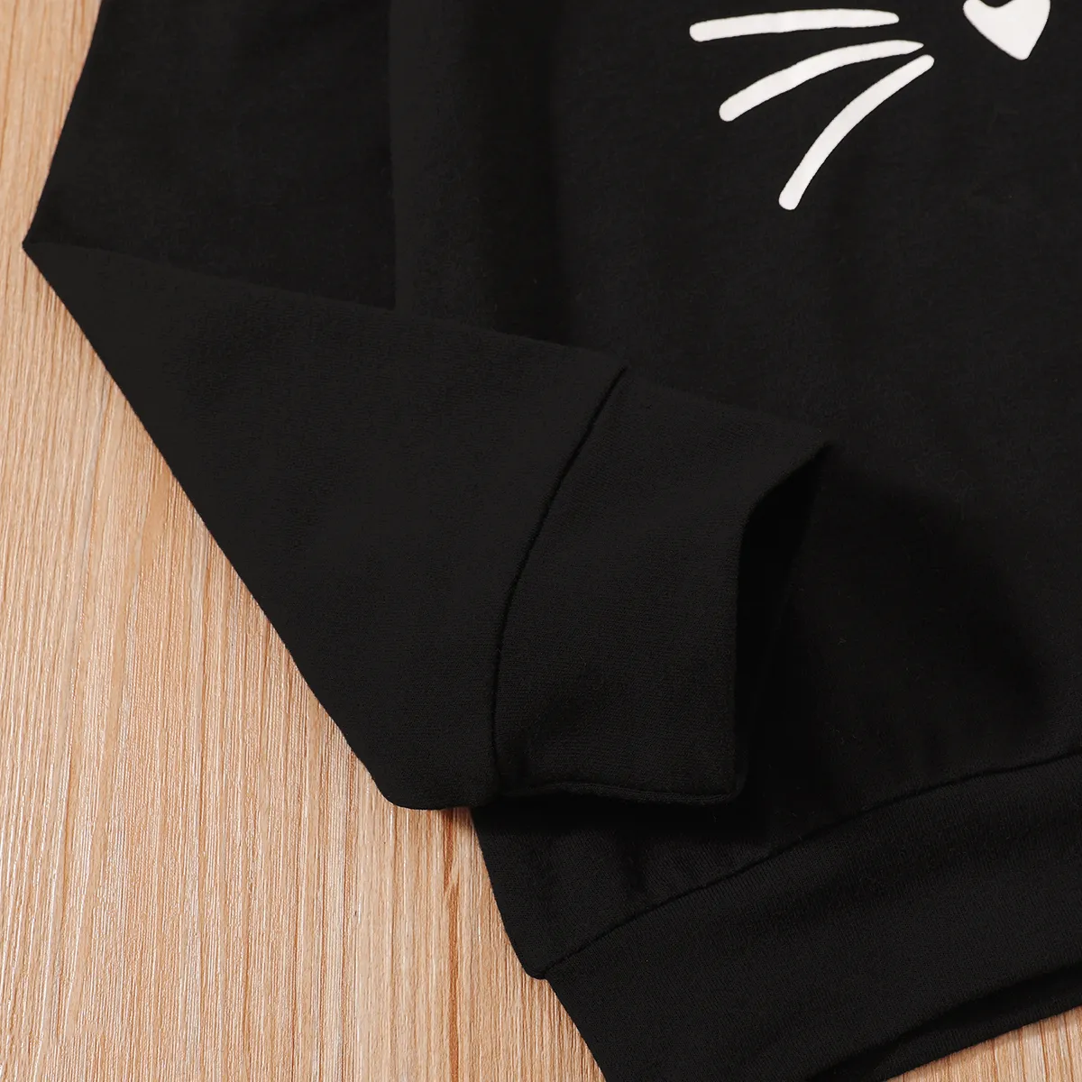 2-piece Kid Girl Animal Cat Print Hoodie Sweatshirt and Colorblock Pants Set Black big image 1