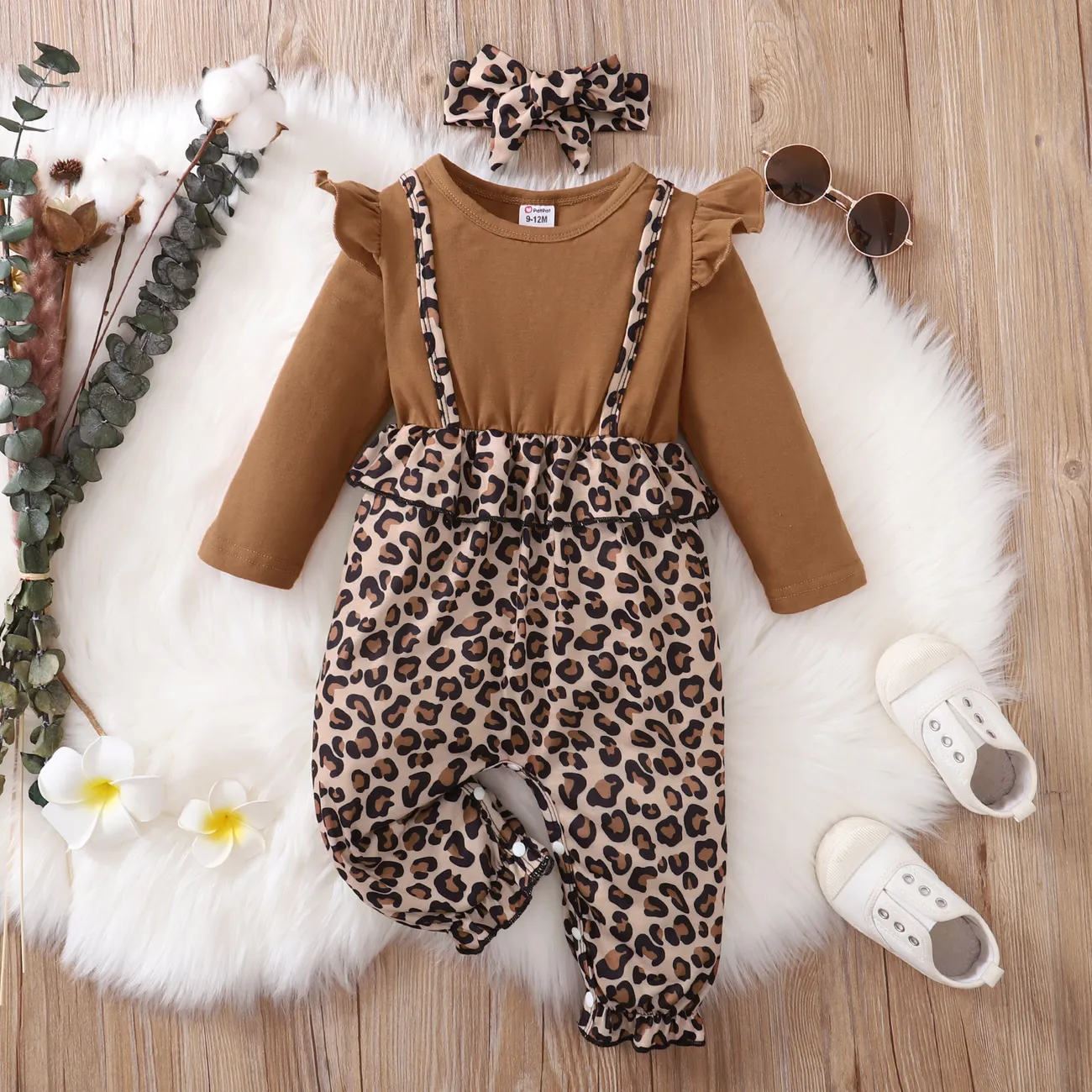 2-piece Baby Girl Ruffle Long-sleeve Black & Leopard Print Stitching Fake Two Piece Jumpsuit and Headband Set Brown big image 1