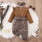 2-piece Baby Girl Ruffle Long-sleeve Black & Leopard Print Stitching Fake Two Piece Jumpsuit and Headband Set Brown