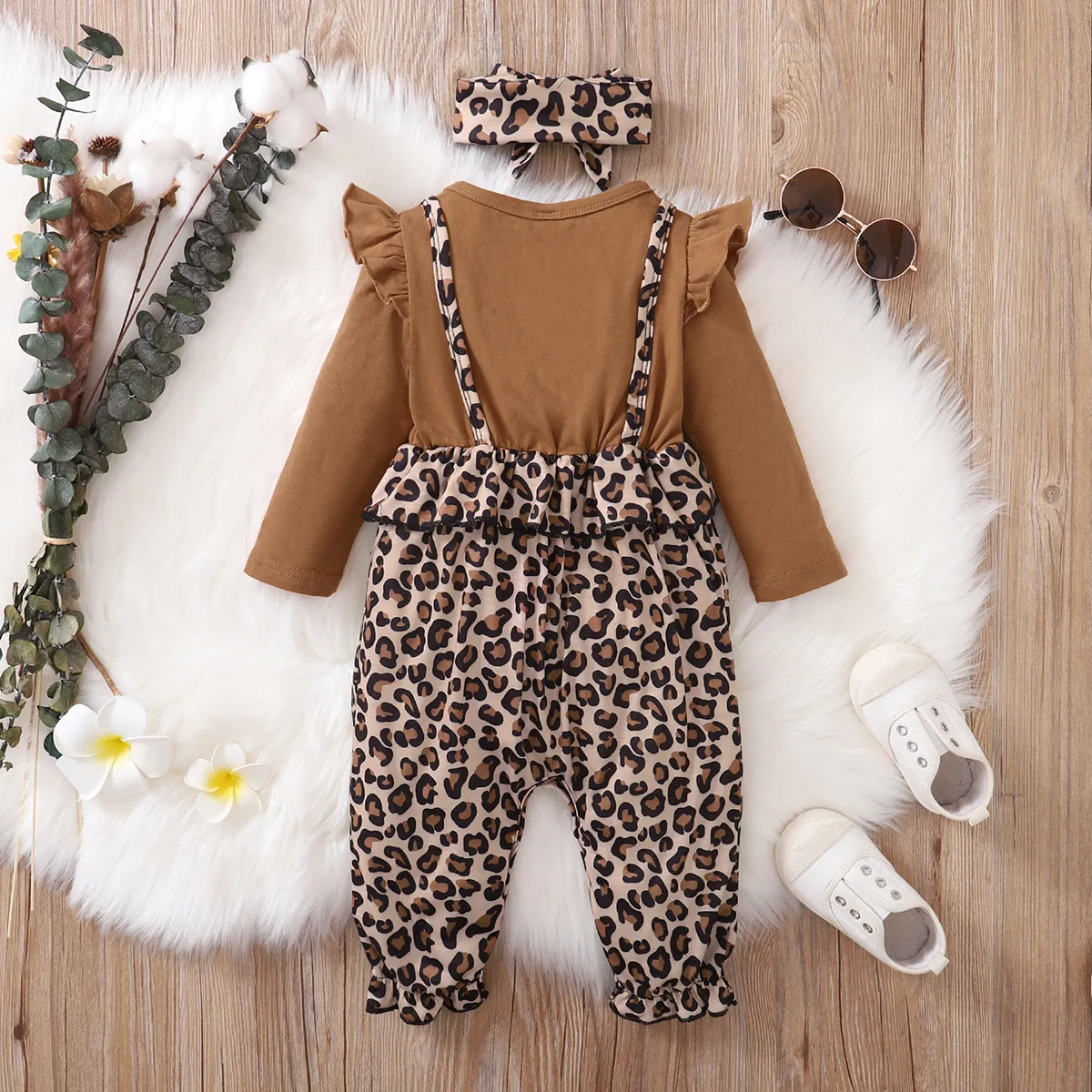 2-piece Baby Girl Ruffle Long-sleeve Black & Leopard Print Stitching Fake Two Piece Jumpsuit and Headband Set Brown big image 1