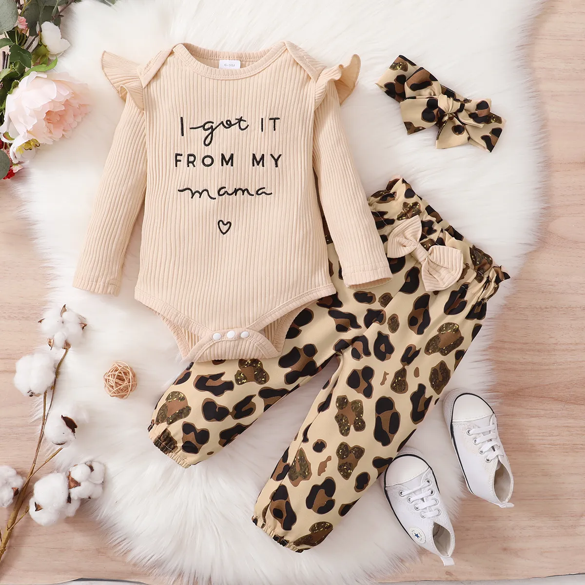 3pcs Baby Letter Embroidered Ruffle Long-sleeve Ribbed Romper and Leopard Pants Set  big image 1