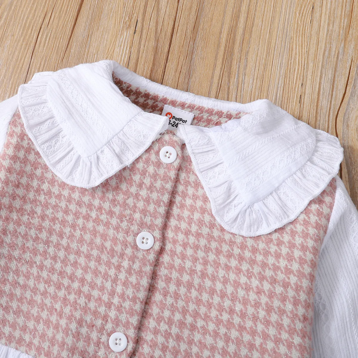 2-piece Toddler Girl Doll Collar Tweed Splice Long-sleeve Top and Ripped Hem Denim Jeans Set Pink image 2