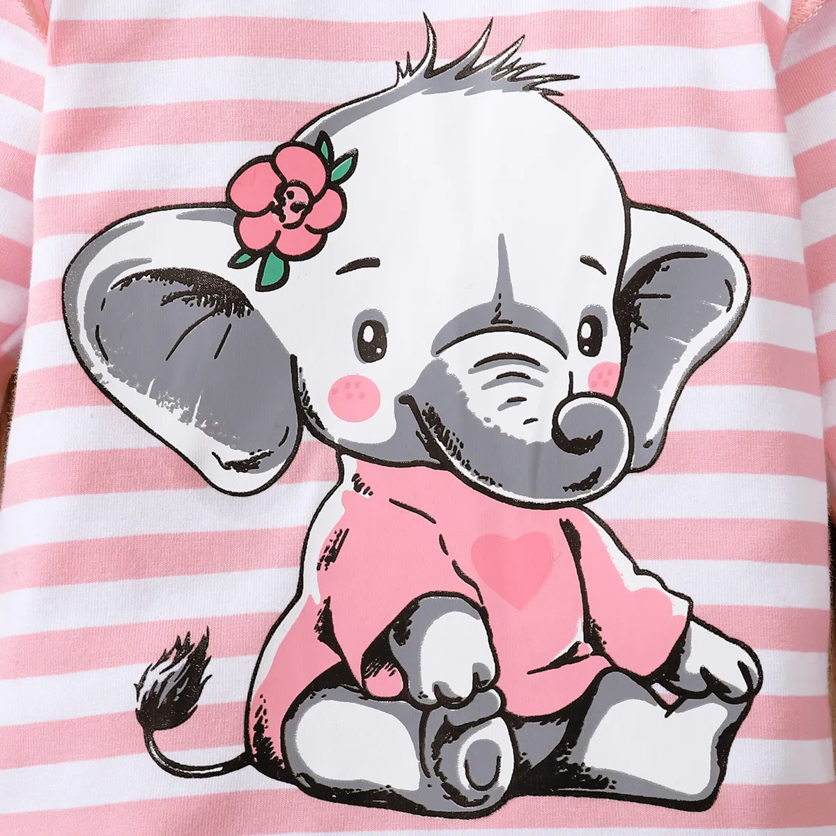 2pcs Baby Girl 95% Cotton Long-sleeve Cartoon Elephant Print Grey Striped Top and Trousers Set Pink big image 1