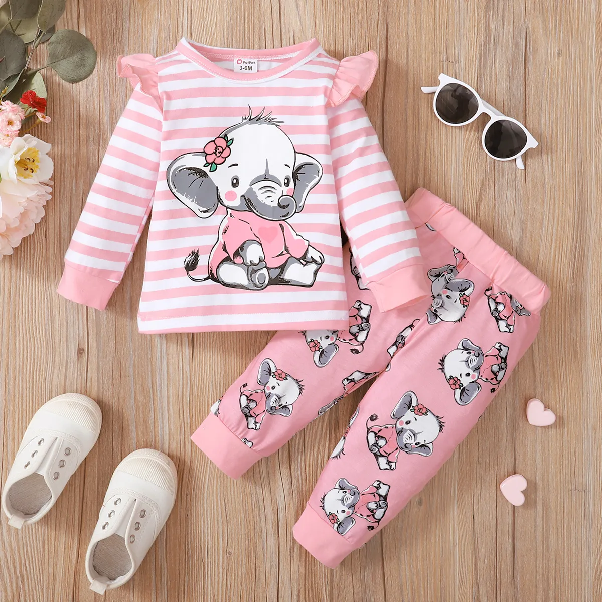 2pcs Baby Girl 95% Cotton Long-sleeve Cartoon Elephant Print Grey Striped Top and Trousers Set