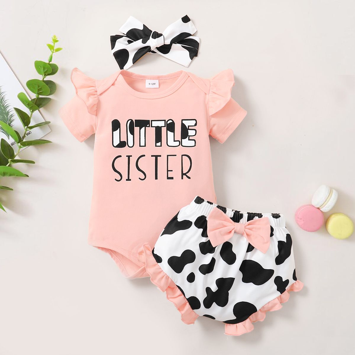 

3pcs Baby Girl 95% Cotton Ruffle Short-sleeve Letter Print Romper and Cow Print Shorts with Headband Set