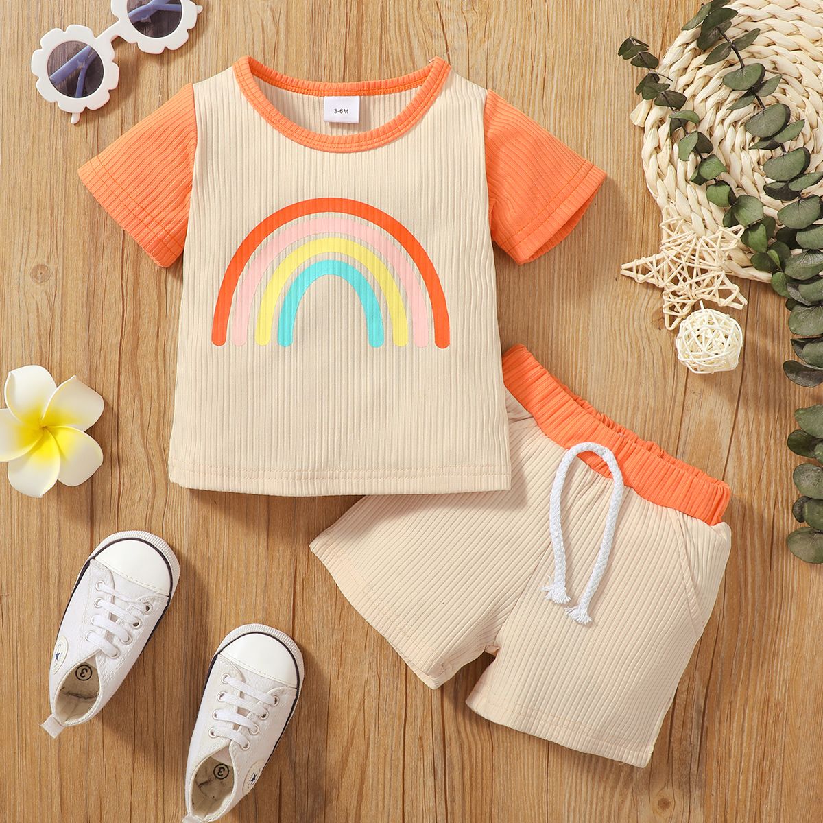 

2pcs Baby Girl Rainbow Print Ribbed Short-sleeve Top and Shorts Set