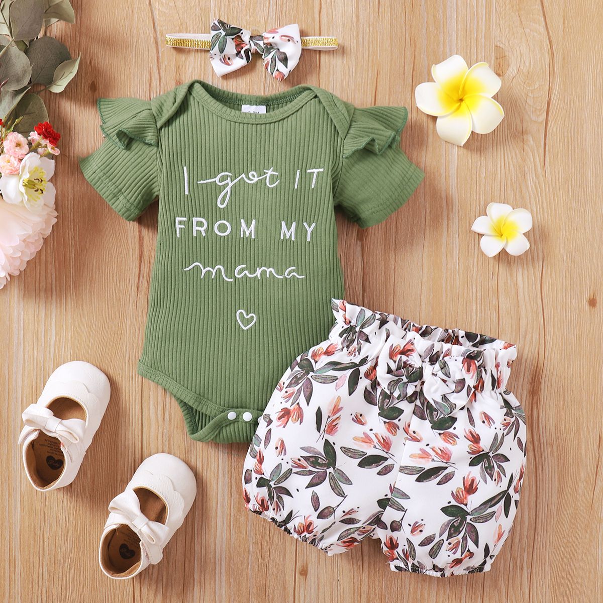 

3pcs Baby Girl 95% Cotton Ribbed Ruffle Short-sleeve Letter Embroidered Romper and Allover Floral Print Shorts with Headband Set