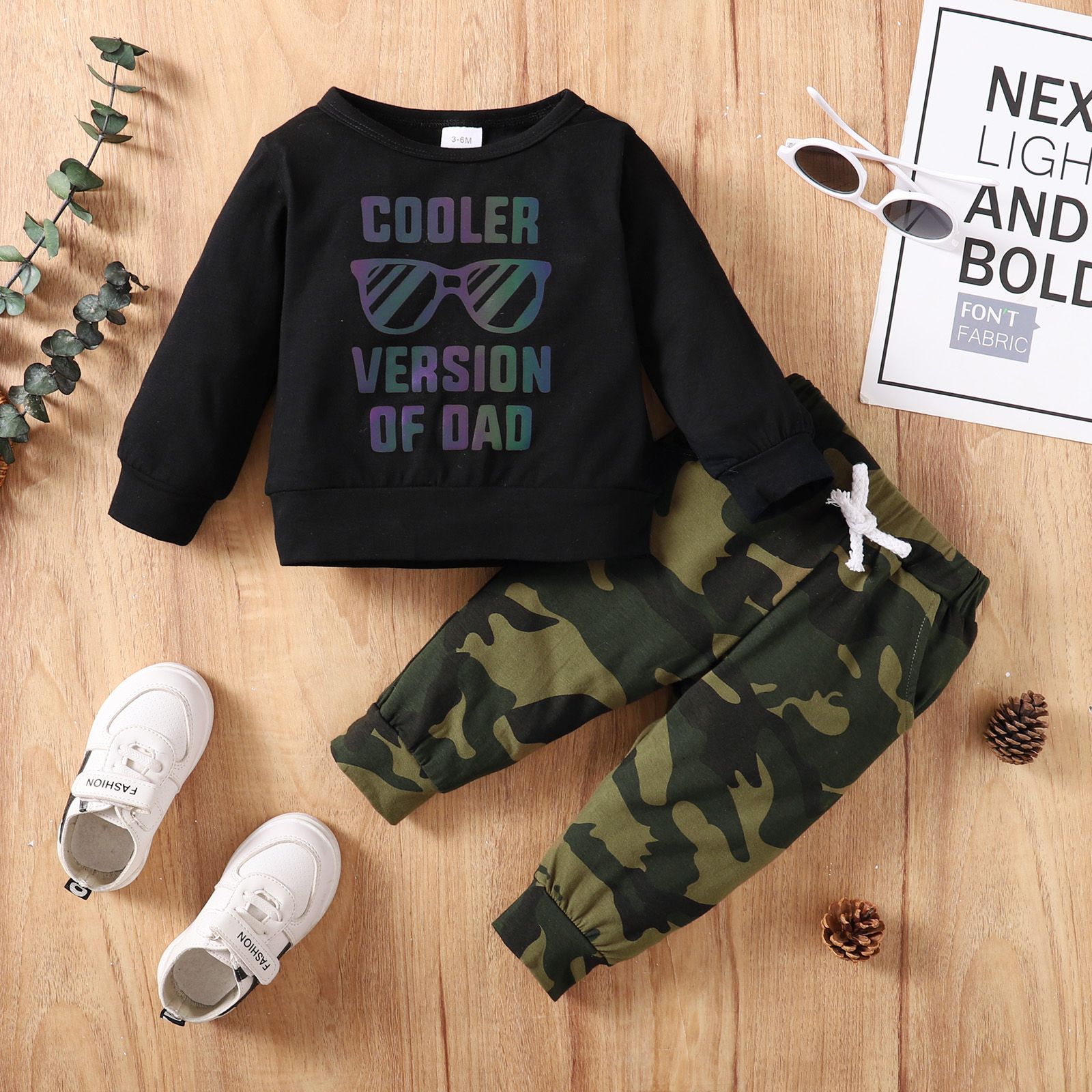 

2pcs Baby Boy 95% Cotton Long-sleeve Colorful Letter & Sunglasses Print Sweatshirt and Camouflage Pants Set