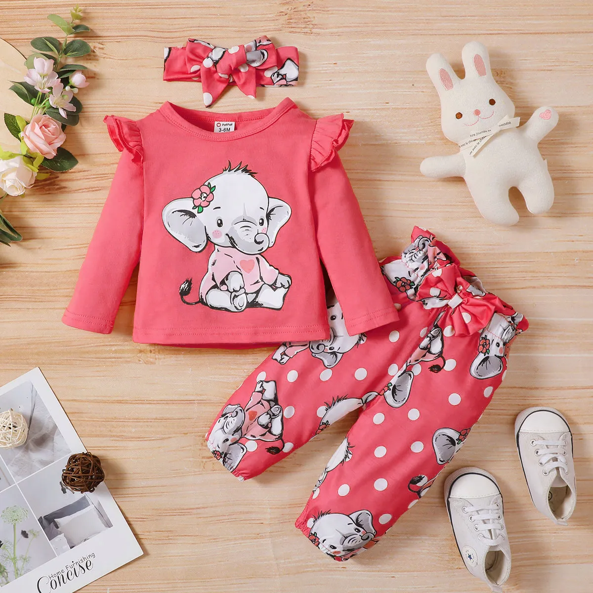3pcs Baby Girl 95% Cotton Long-sleeve Cartoon Elephant Print T-shirt and Allover Print Pants with Headband Set Pink big image 1