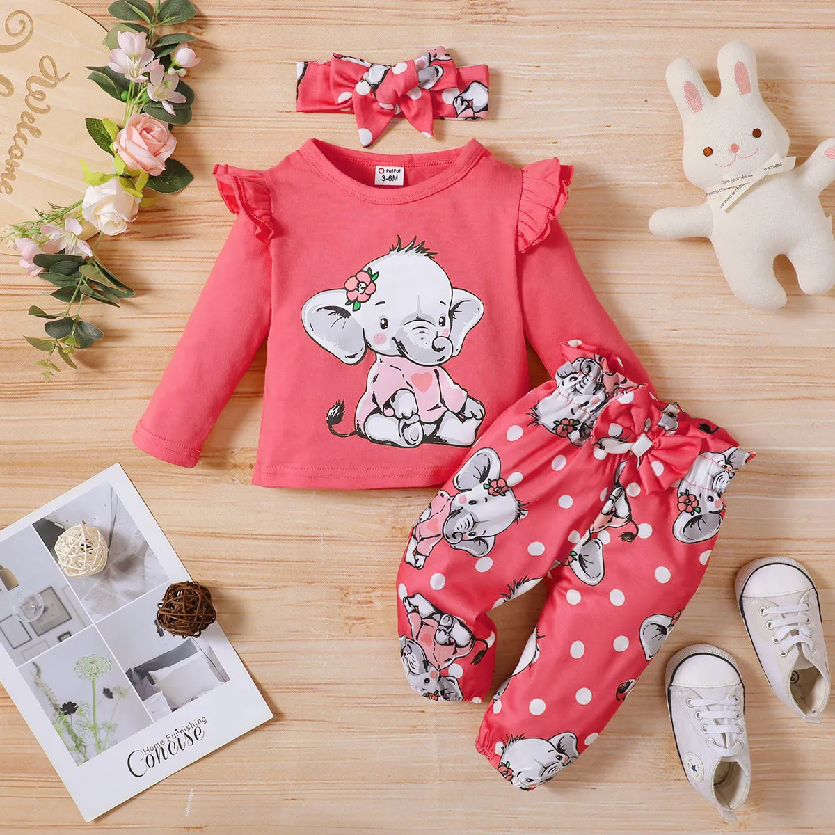 3pcs Baby Girl 95% Cotton Long-sleeve Cartoon Elephant Print T-shirt and Allover Print Pants with Headband Set Pink image 3