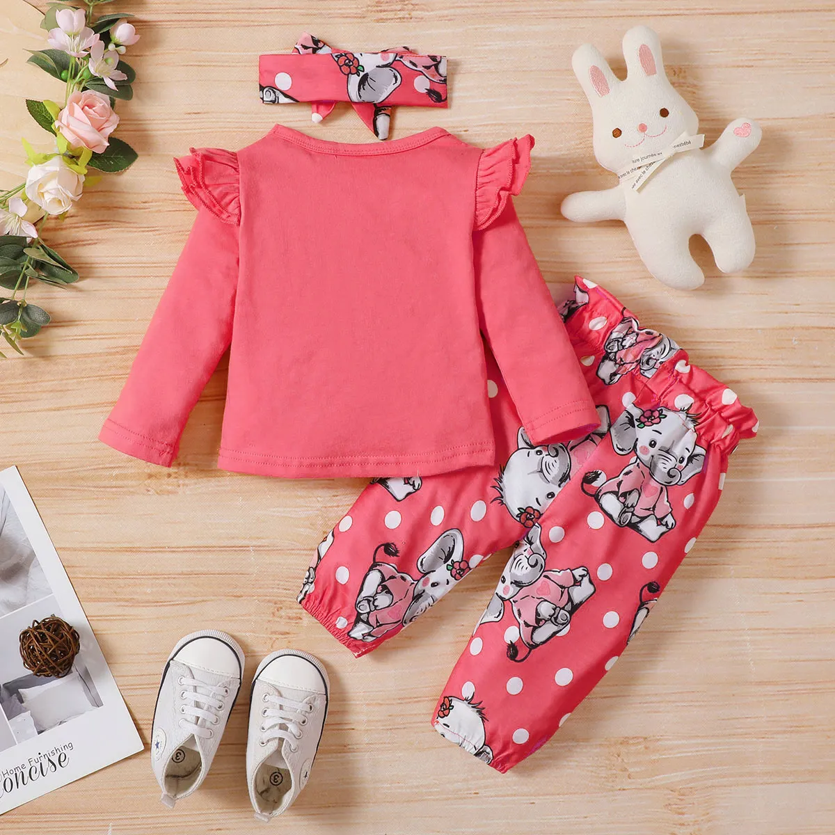 3pcs Baby Girl 95% Cotton Long-sleeve Cartoon Elephant Print T-shirt and Allover Print Pants with Headband Set Pink image 2