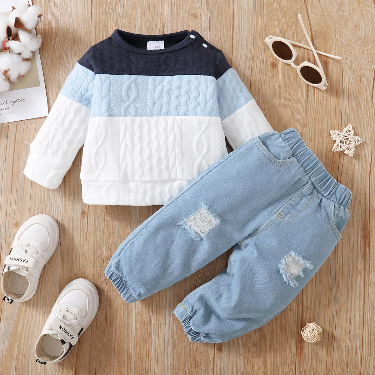 2pcs Baby Boy 95% Cotton Ripped Jeans and Textured Colorblock Long-sleeve Sweatshirt Set  image 2