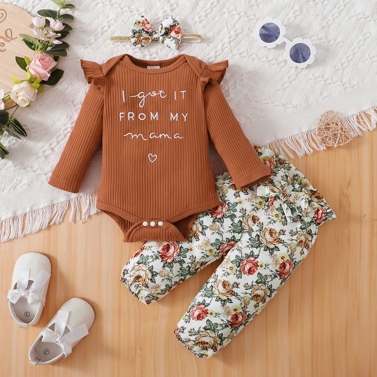 

3pcs Baby Girl 95% Cotton Long-sleeve Letter Embroidered Rib Knit Romper and Allover Floral Print Pants with Headband Set