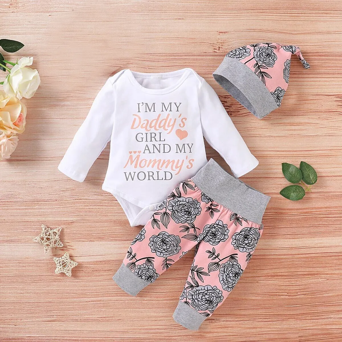 3pcs Baby Girl 95% Cotton Long-sleeve Letter and Floral Print Set White big image 1