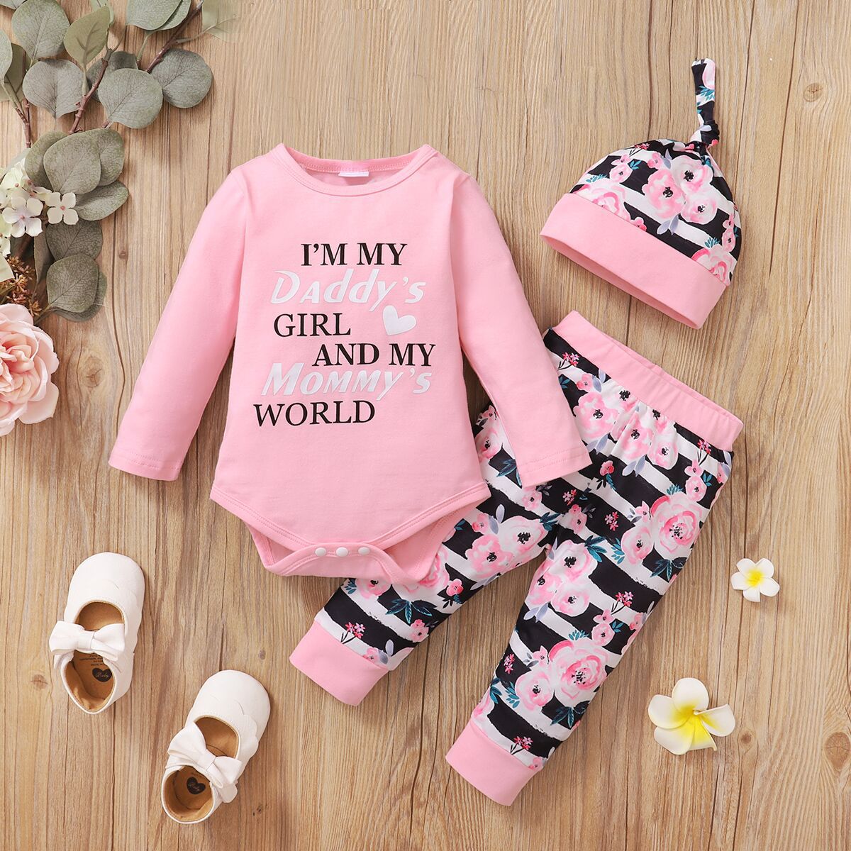 3pcs Baby Girl 95% Cotton Long-sleeve Letter and Floral Print Set