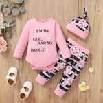3pcs Baby Girl 95% Cotton Long-sleeve Letter and Floral Print Set Pink