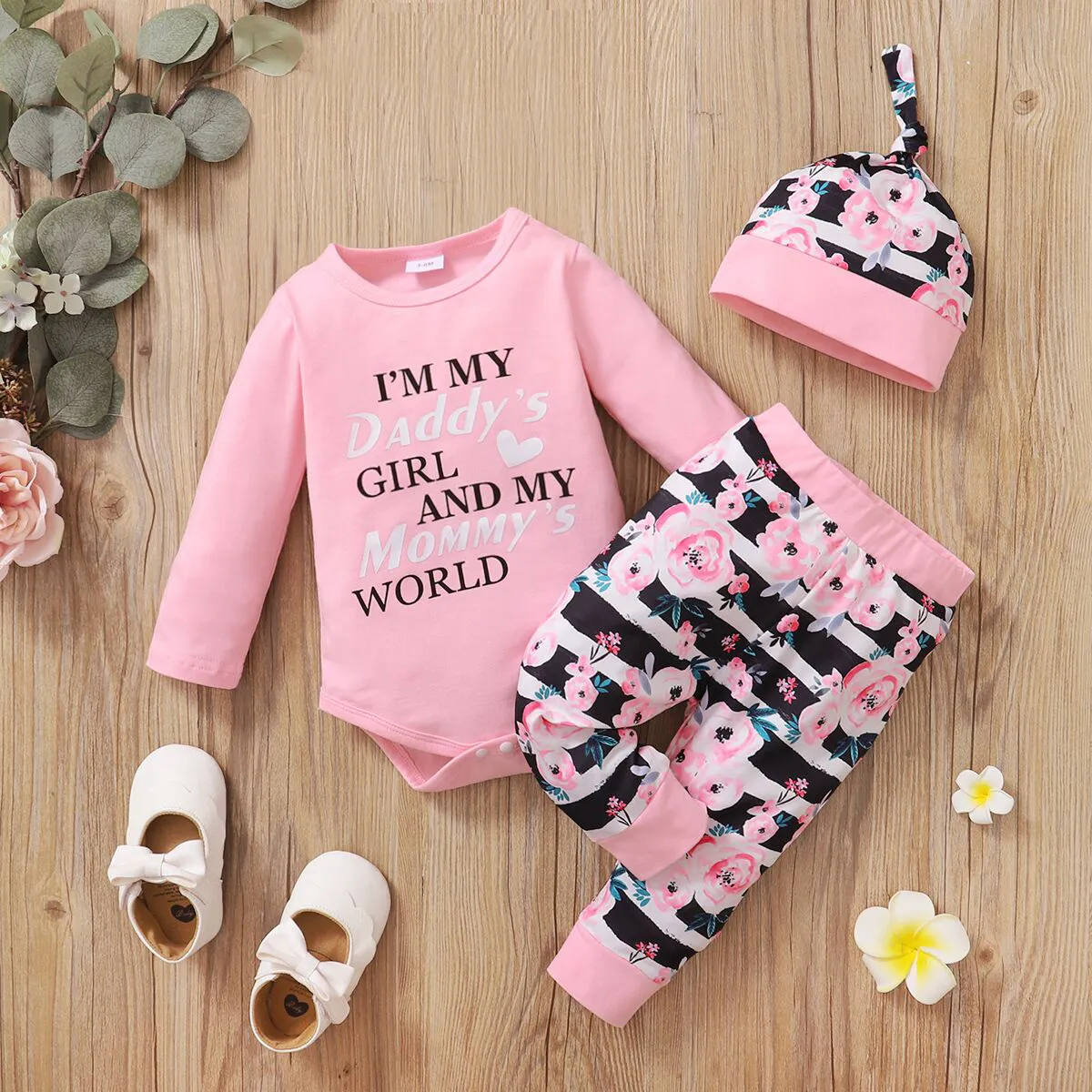 3pcs Baby Girl 95% Cotton Long-sleeve Letter and Floral Print Set Pink big image 1