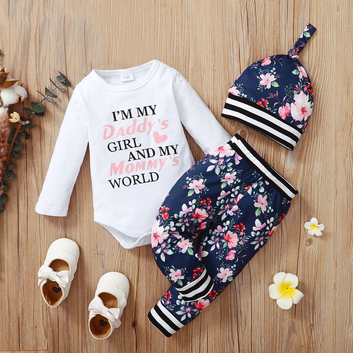 3pcs Baby Girl 95% Cotton Long-sleeve Letter And Floral Print Set