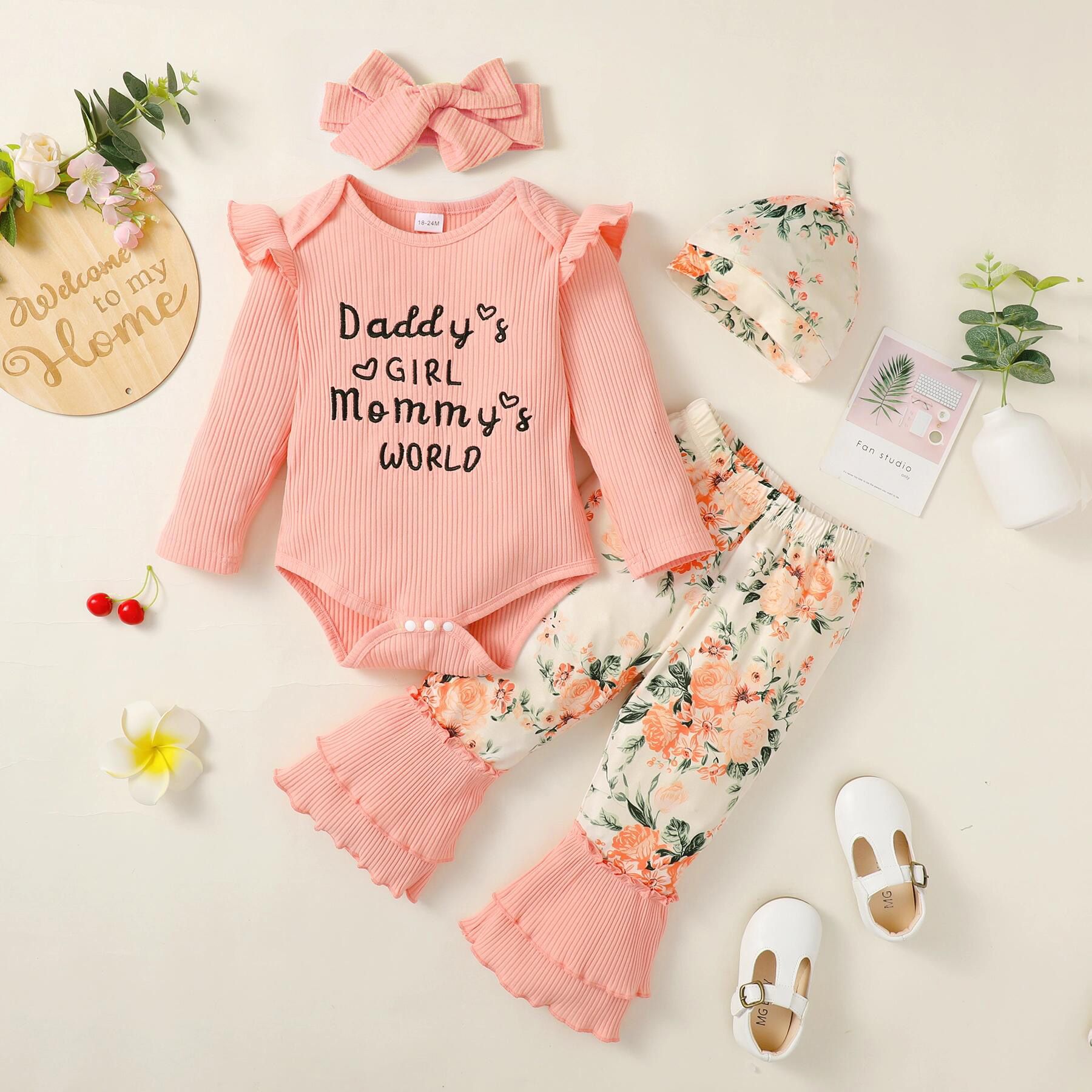 

3pcs Baby Girl 95% Cotton Rib Knit Ruffle Long-sleeve Letter Embroidered Romper and Floral Print Flared Pants with Headband Set