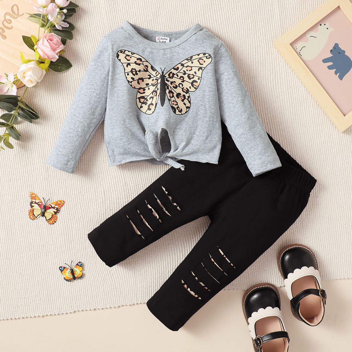 

2pcs Baby Girl 95% Cotton Long-sleeve Butterfly Print Knot Front Top and Ripped Pants Set