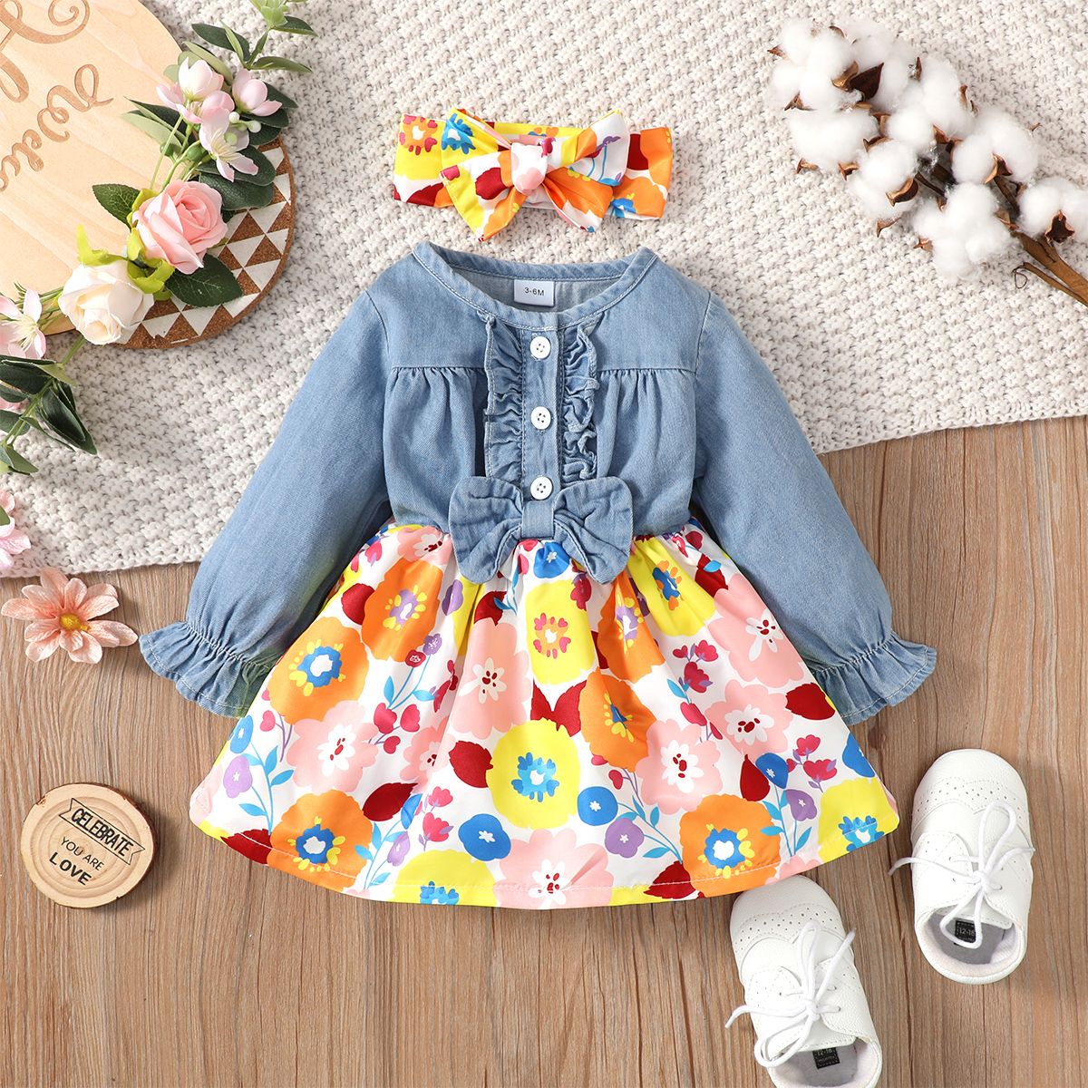 

2pcs Baby Girl 95% Cotton Denim Long-sleeve Spliced Floral Print Dress with Headband Set