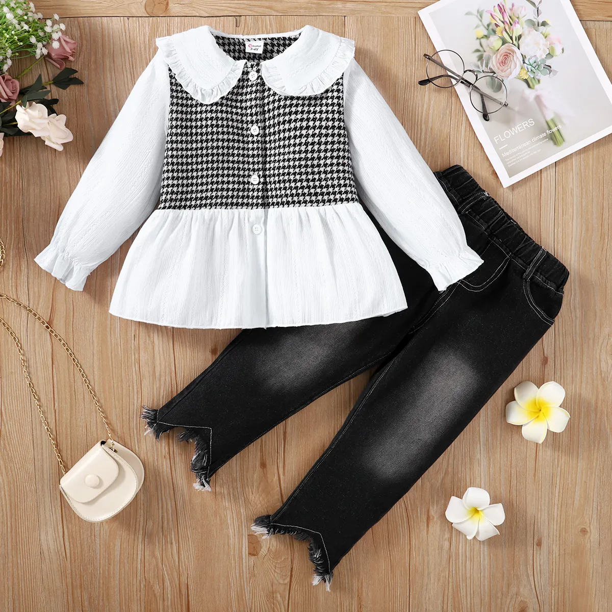 2-piece Toddler Girl Doll Collar Tweed Splice Long-sleeve Top and Ripped Hem Denim Jeans Set Black