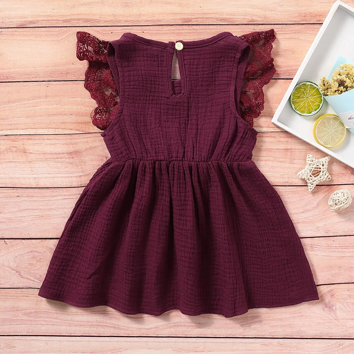 Baby Girl 95% Cotton Crepe Sleeveless Lace Bowknot Button Dress Burgundy big image 1