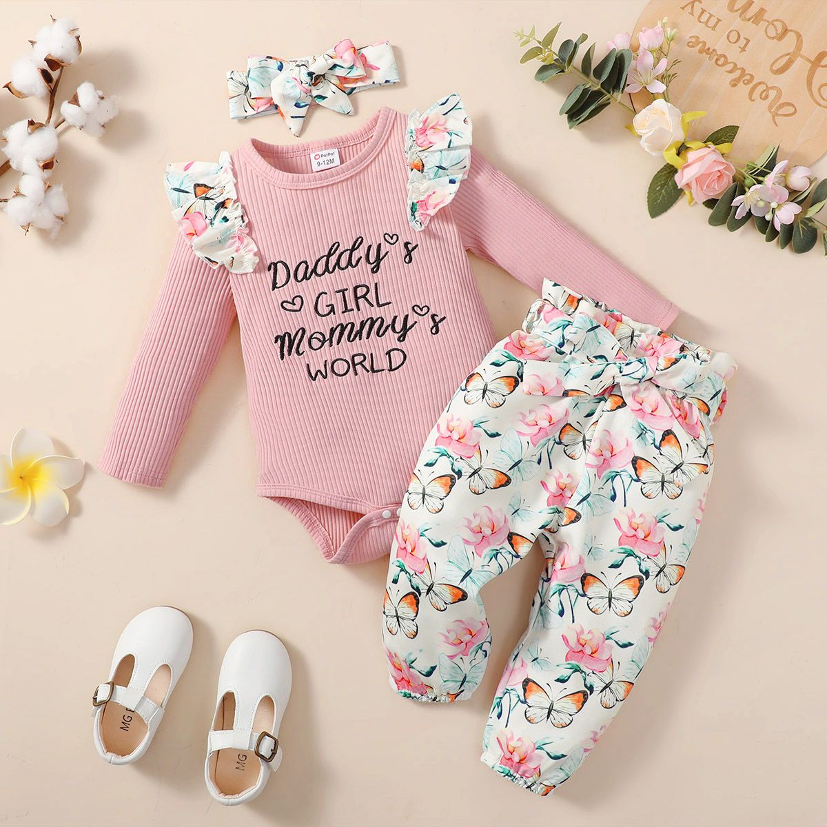 

3pcs Baby Girl 95% Cotton Ribbed Letter Embroidered Ruffle Long-sleeve Romper and Allover Butterfly Print Pants with Headband Set