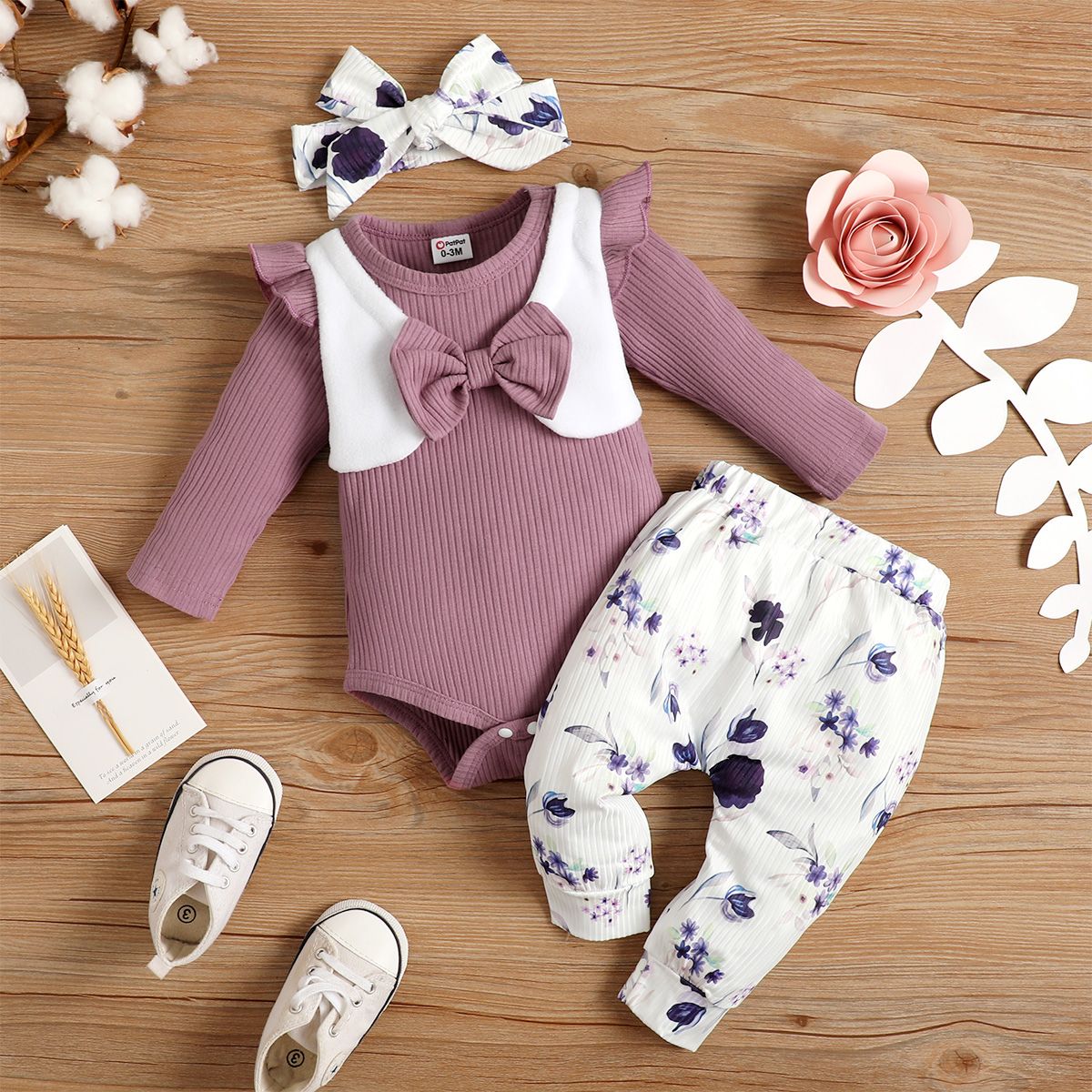 

3pcs Baby Girl 95% Cotton Ribbed Long-sleeve Faux-two Romper and Floral Print Pants & Headband Set