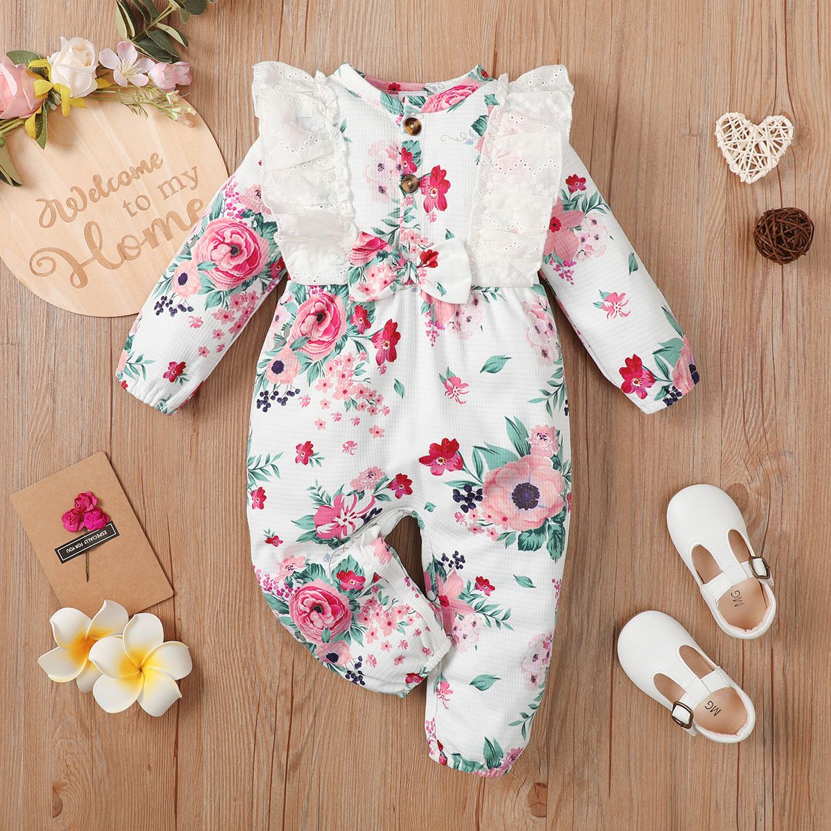 

Baby Girl Ruffle Trim Allover Floral Print Waffle Textured Long-sleeve Jumpsuit