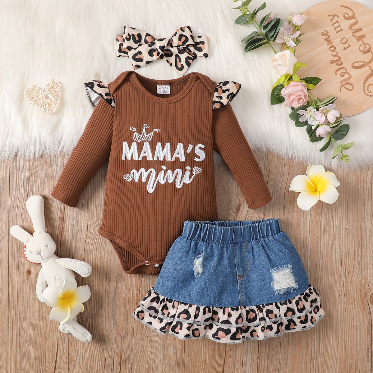 

3pcs Baby Girl 95% Cotton Letter Embroidered Long-sleeve Ribbed Romper and Leopard Print Ruffle Hem Spliced Denim Ripped Skirt & Headband Set
