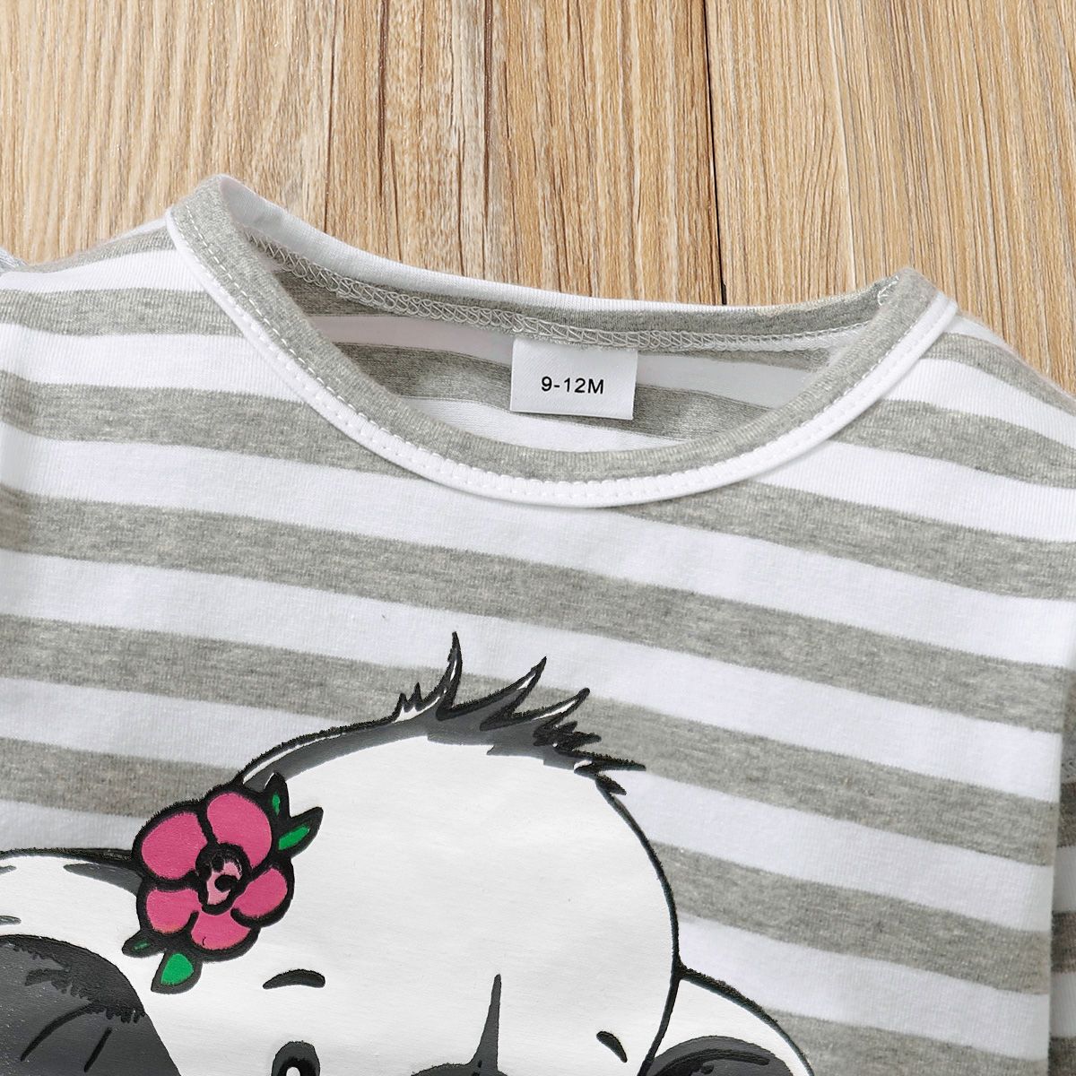 2pcs Baby Girl 95% Cotton Long-sleeve Cartoon Elephant Print Grey Striped Top And Trousers Set