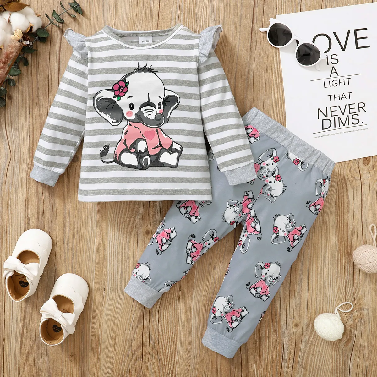 2pcs Baby Girl 95% Cotton Long-sleeve Cartoon Elephant Print Grey Striped Top And Trousers Set