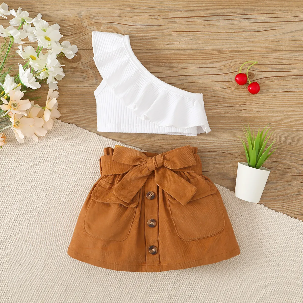 2pcs Baby Girl 95% Cotton Ruffled One-Shoulder Ribbed Tank Top and Belted Skirt Set White big image 1