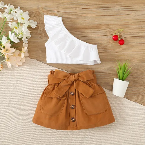 2pcs Baby Girl 95% Cotton Ruffled One-Shoulder Ribbed Tank Top and Belted Skirt Set
