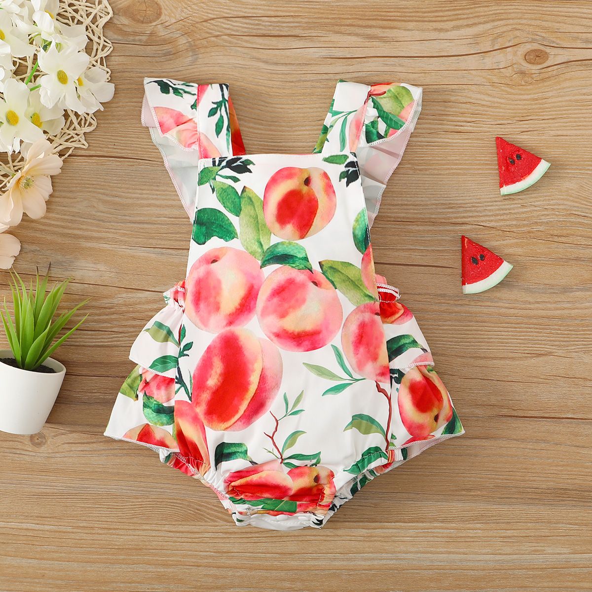 Baby Girl Peach Print Ruffled Bodysuit