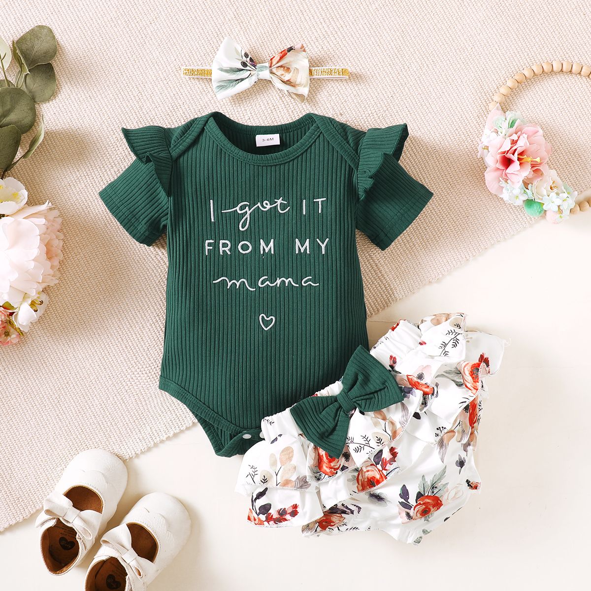 3pcs Baby Girl 95% Cotton Ribbed Ruffle Short-sleeve Letter Embroidery Romper And Floral Print Layered Shorts With Headband Set