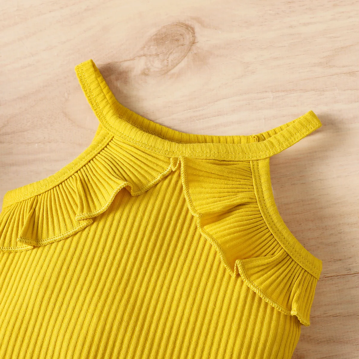 3pcs Baby Girl 95% Cotton Ruffle Trim Ribbed Halter Camisole & Stripe Belted Pants & Headband Set Yellow big image 1