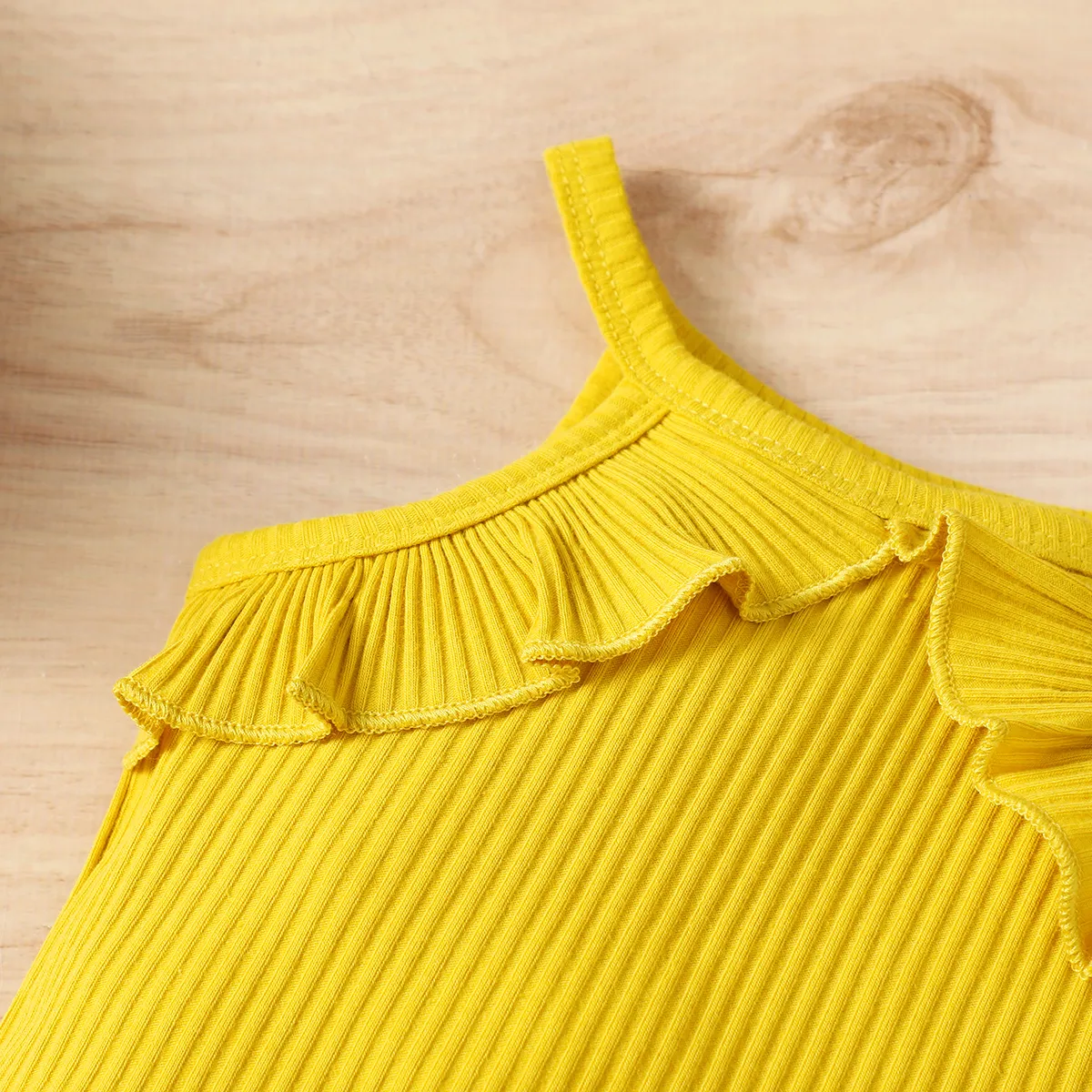 3pcs Baby Girl 95% Cotton Ruffle Trim Ribbed Halter Camisole & Stripe Belted Pants & Headband Set Yellow big image 1