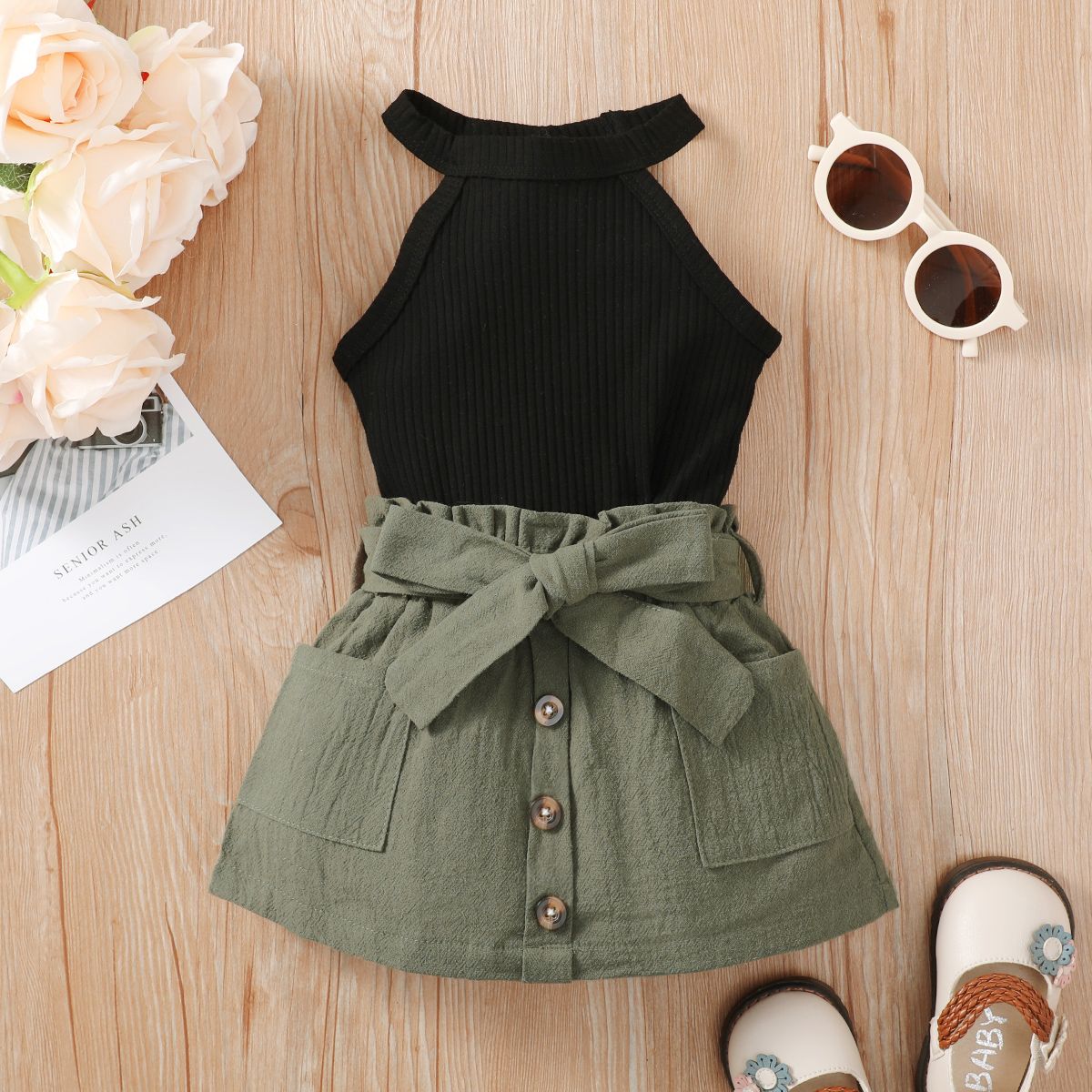 

2pcs Baby Girl 100% Cotton Belted Skirt and Ribbed Sleeveless Top Set