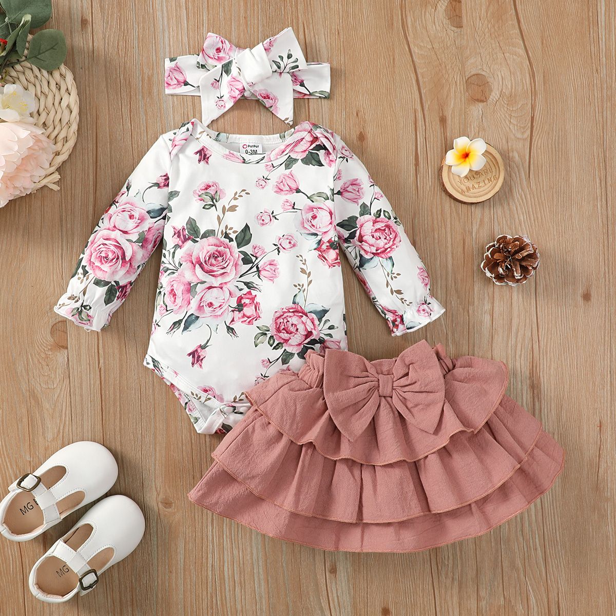

3pcs Baby Girl 100% Cotton Layered Skirt and Floral Print Long-sleeve Romper & Headband Set