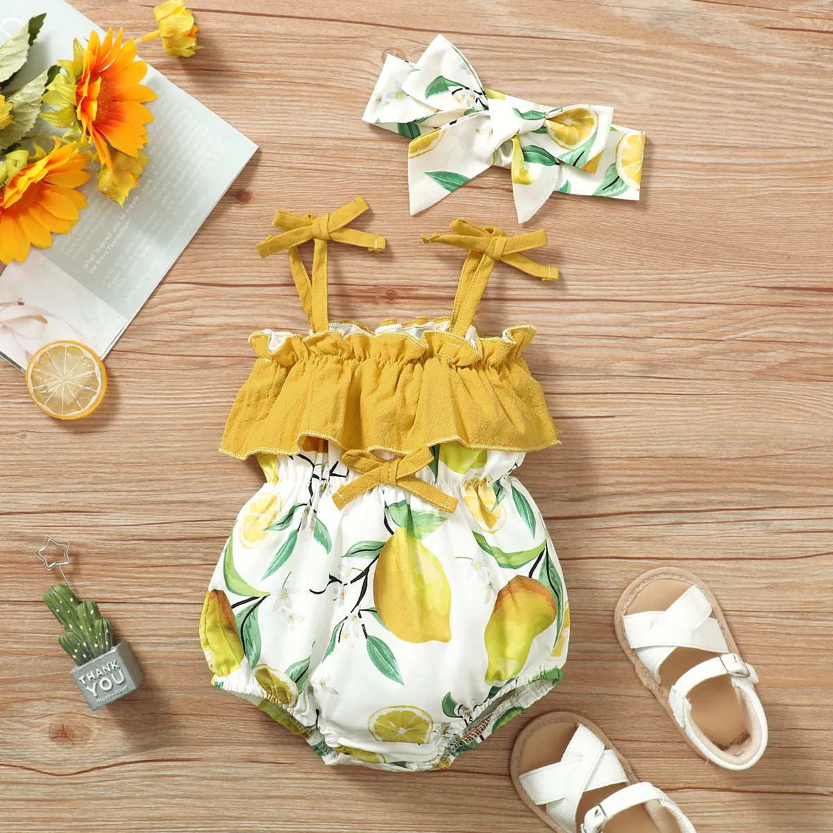 2pcs Baby Girl Ruffled Lemon Print Cami Romper & Headband Set Yellow big image 1