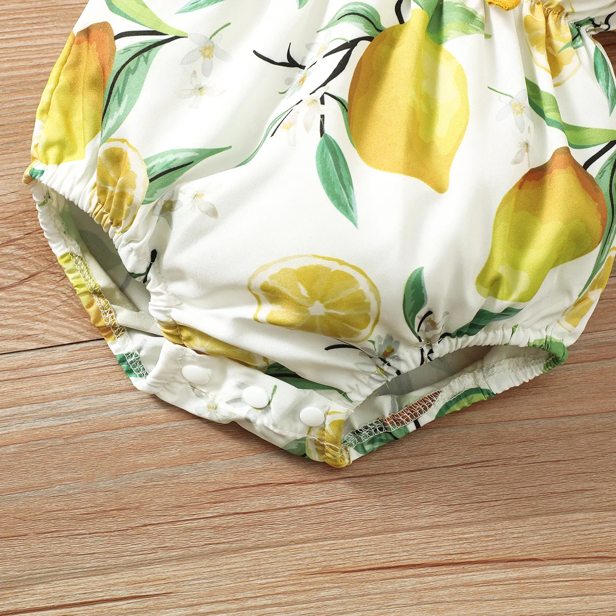 2pcs Baby Girl Ruffled Lemon Print Cami Romper & Headband Set Yellow image 6