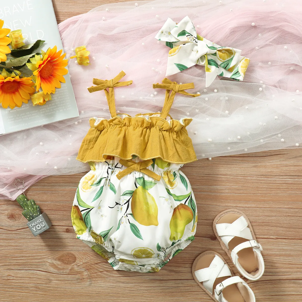 2pcs Baby Girl Ruffled Lemon Print Cami Romper & Headband Set Yellow image 3