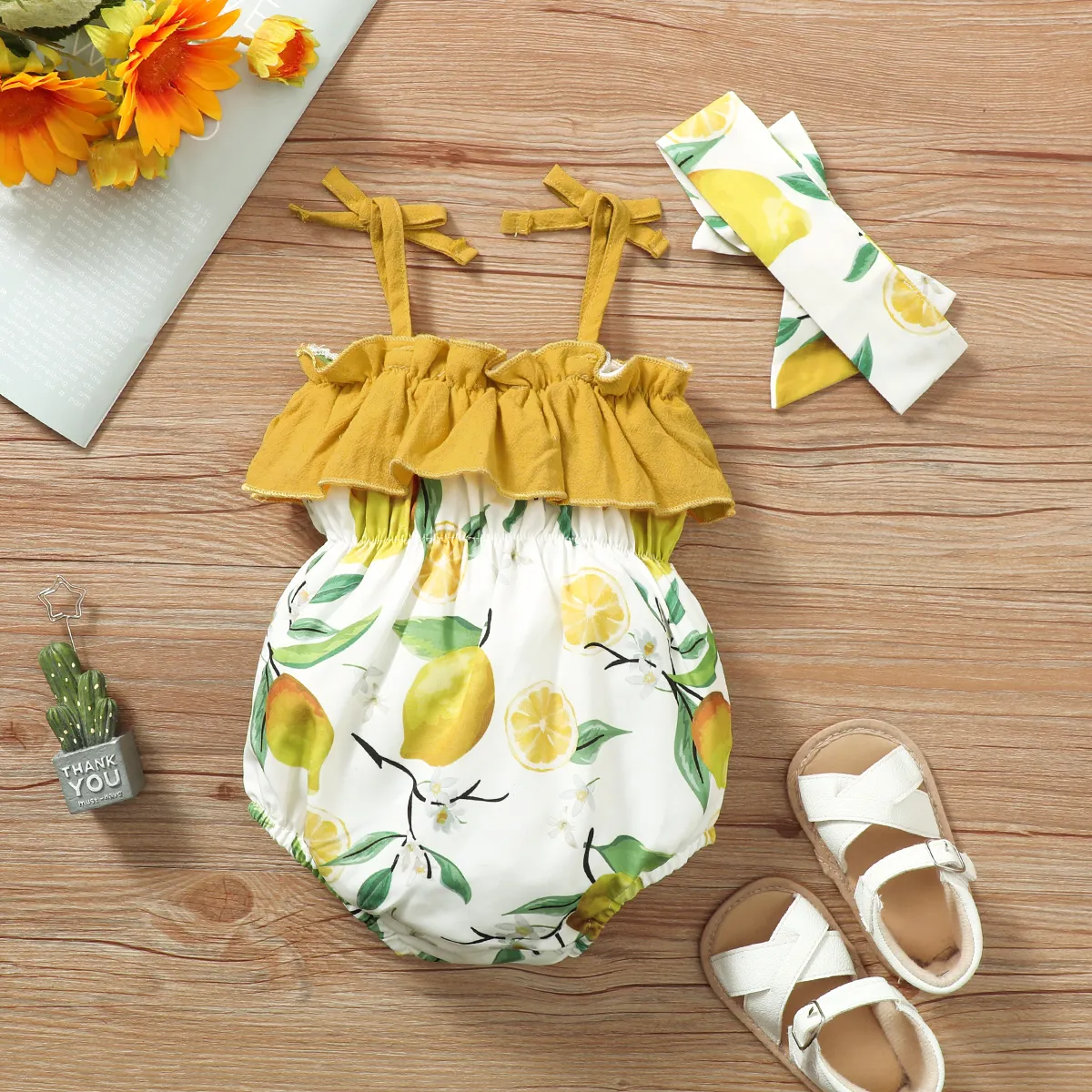 2pcs Baby Girl Ruffled Lemon Print Cami Romper & Headband Set Yellow image 2