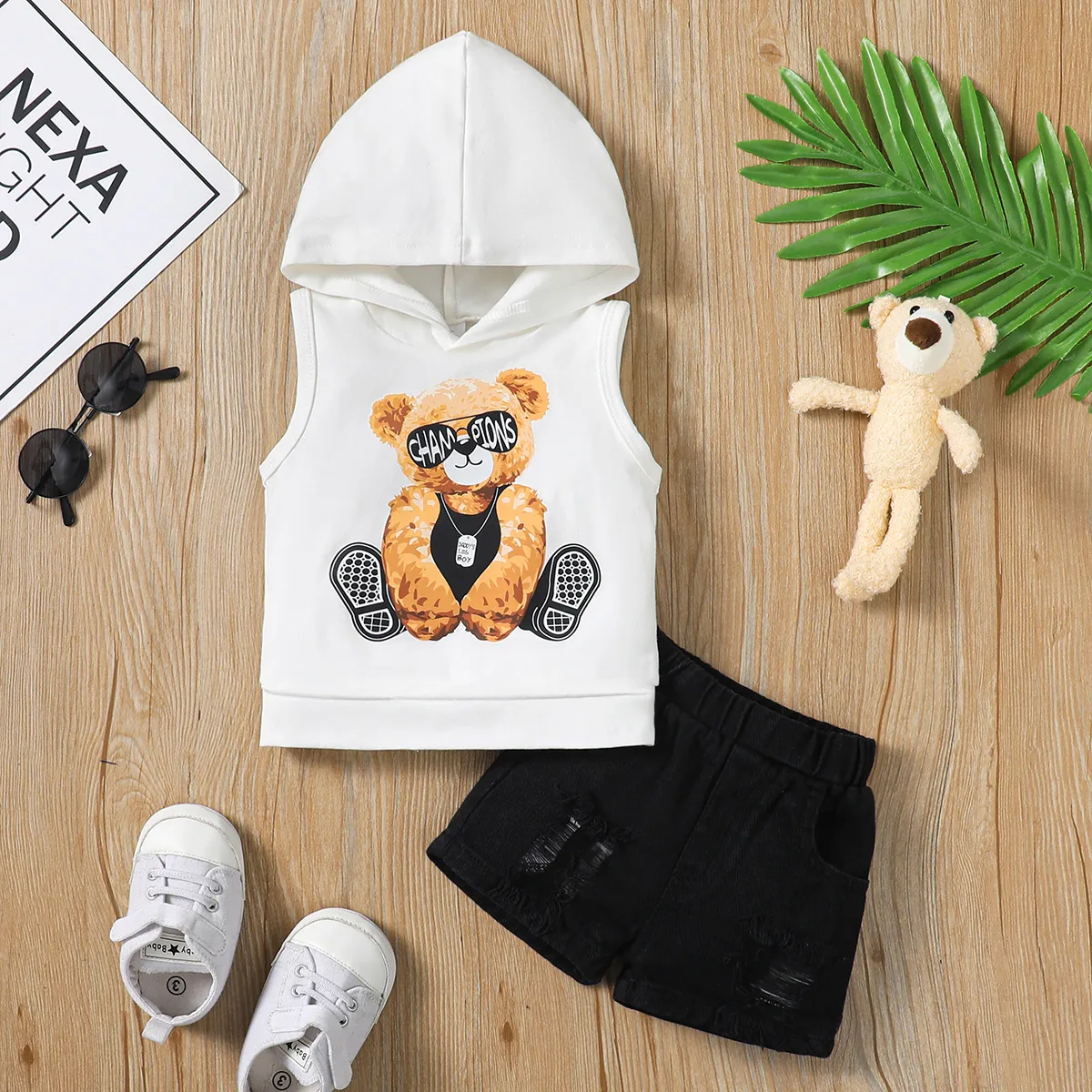 2 pezzi Neonato Ragazzo Foro Orso Infantile Senza maniche Set neonato  image 1